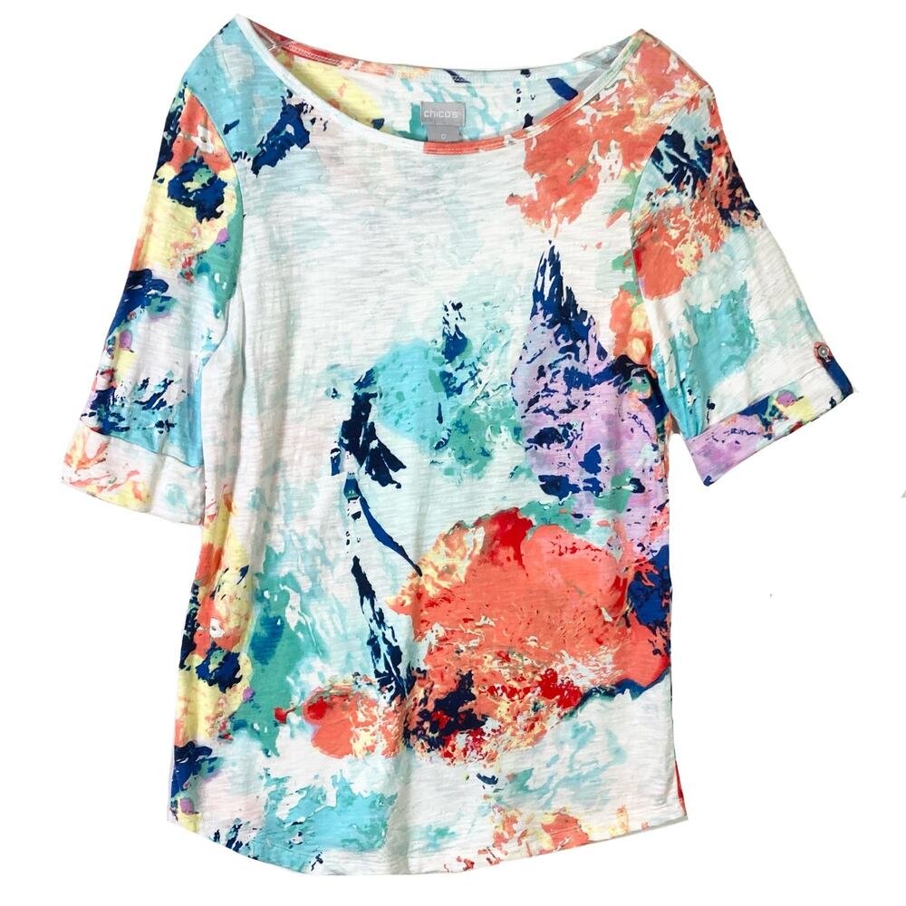NWOT CHICOS Blouse Top S Multicolor Roll-Tab Tunic-Length Cotton-Blend